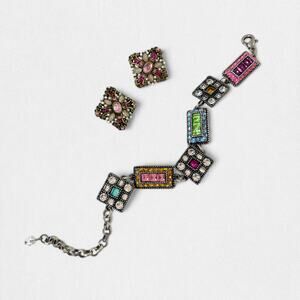 Vintage Rhinestone Panel Bracelet and Earrings Lot Glass Stone 90s Y2K Pink Gem